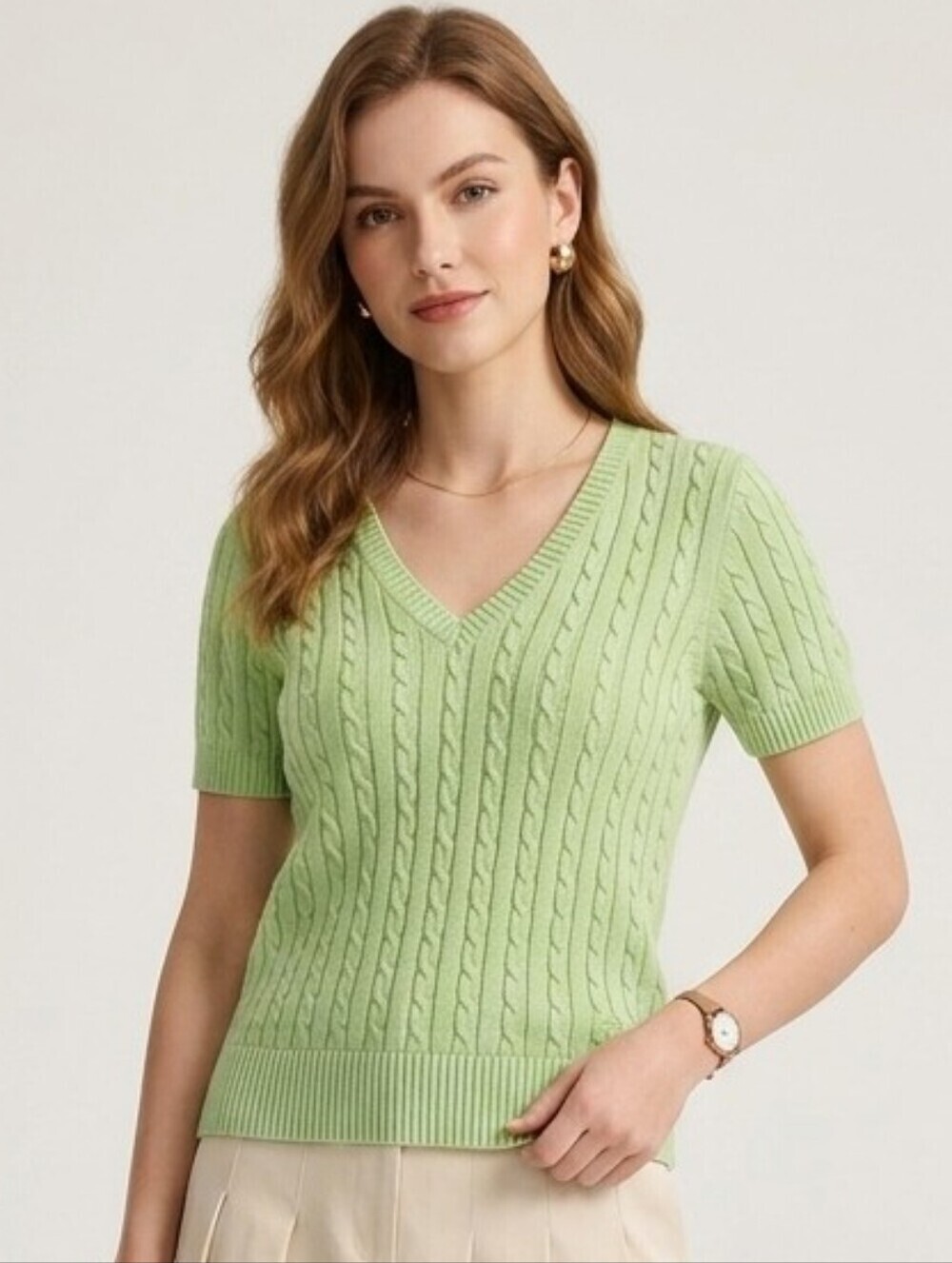IZOD GOLF V Neck Short Sleeved Cotton Sweater, Lime Green